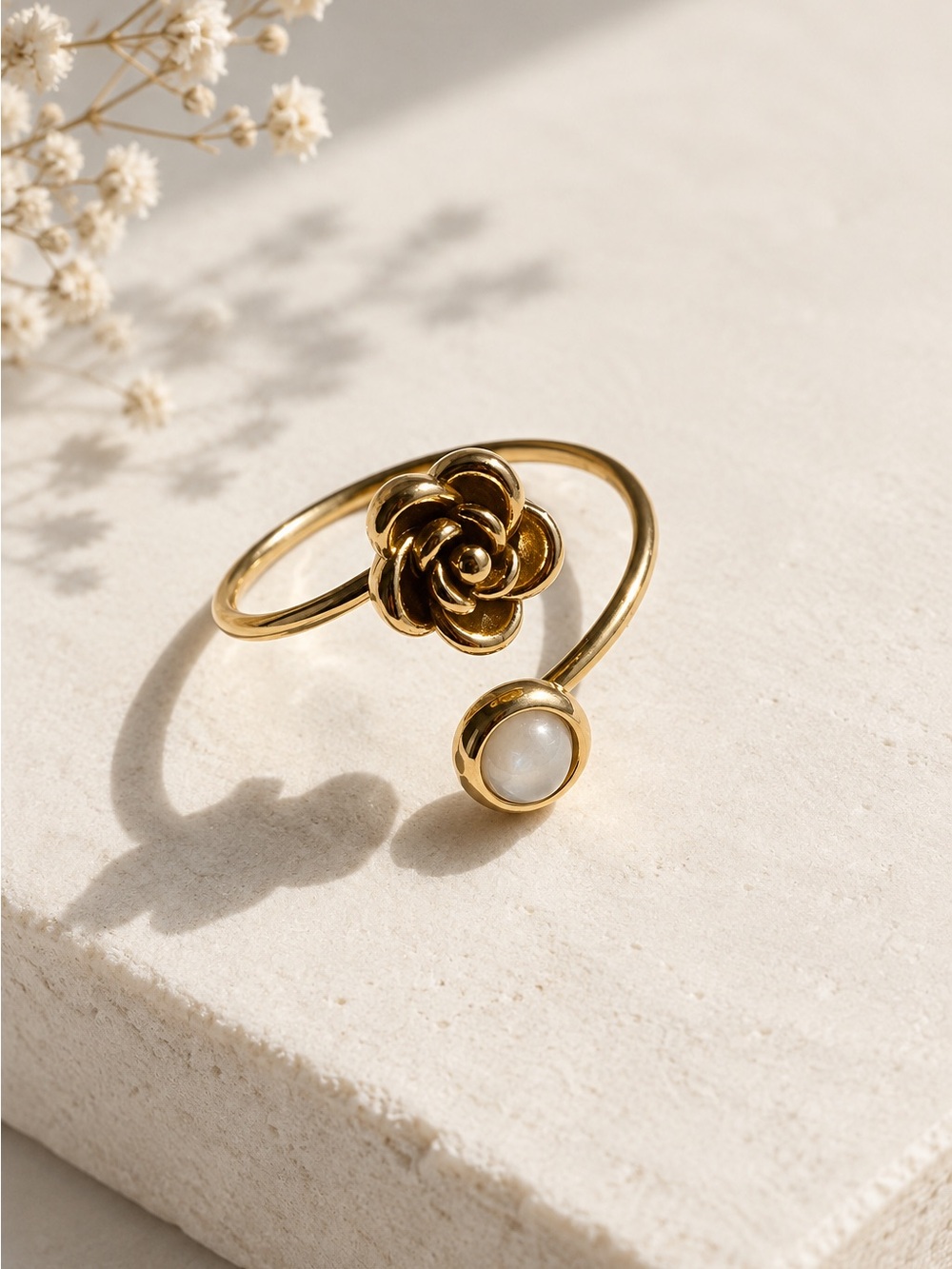 Gold Plated Floral Open Cuff Ring with Pearl Accent - Women Jewelry